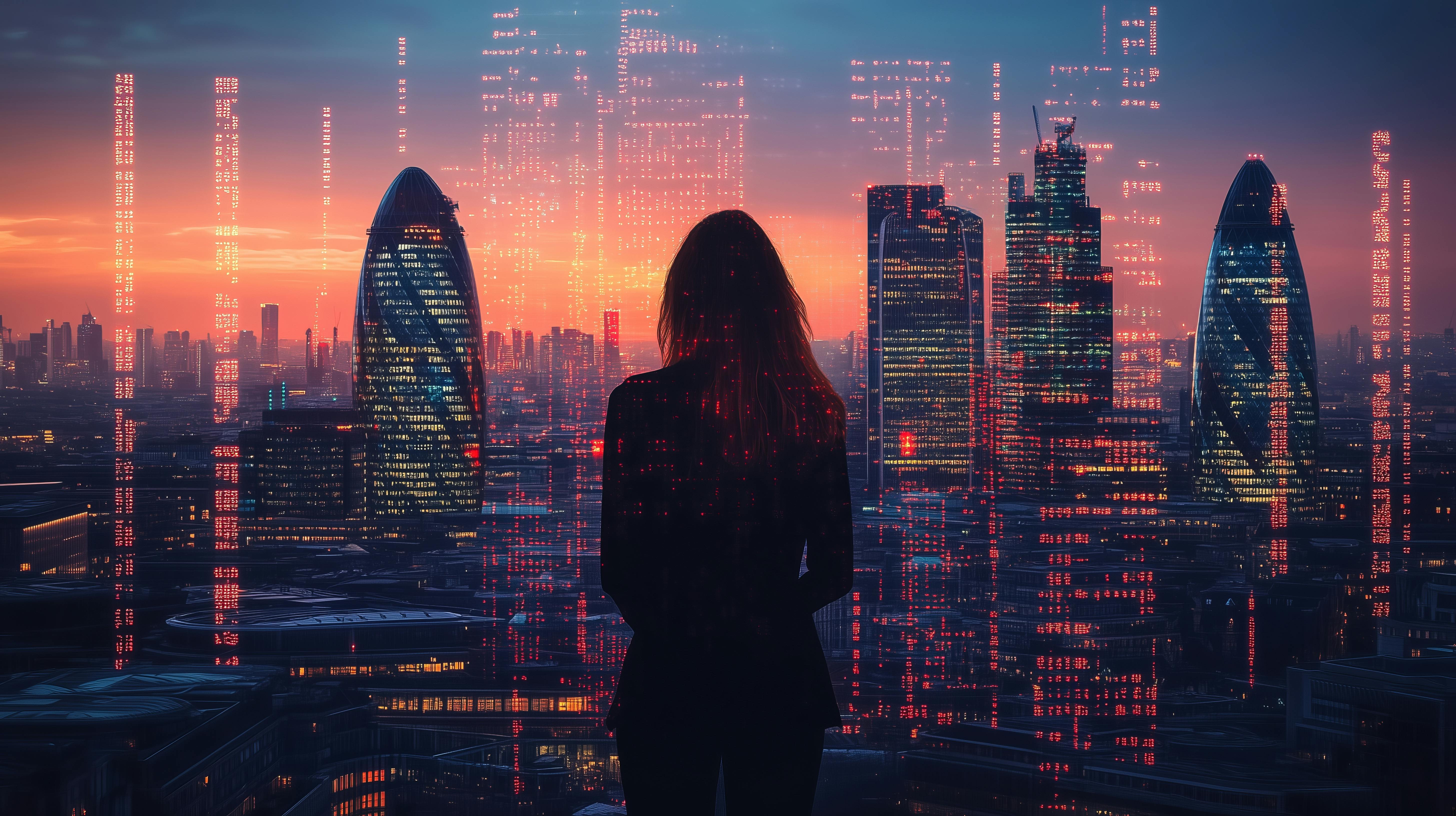 AI generated rendering of the London city skyline with data and computer programming information mapped onto the building facades.