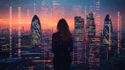 AI generated rendering of the London city skyline with data and computer programming information mapped onto the building facades. AI generated rendering of the London city skyline with data and computer programming information mapped onto the building facades.