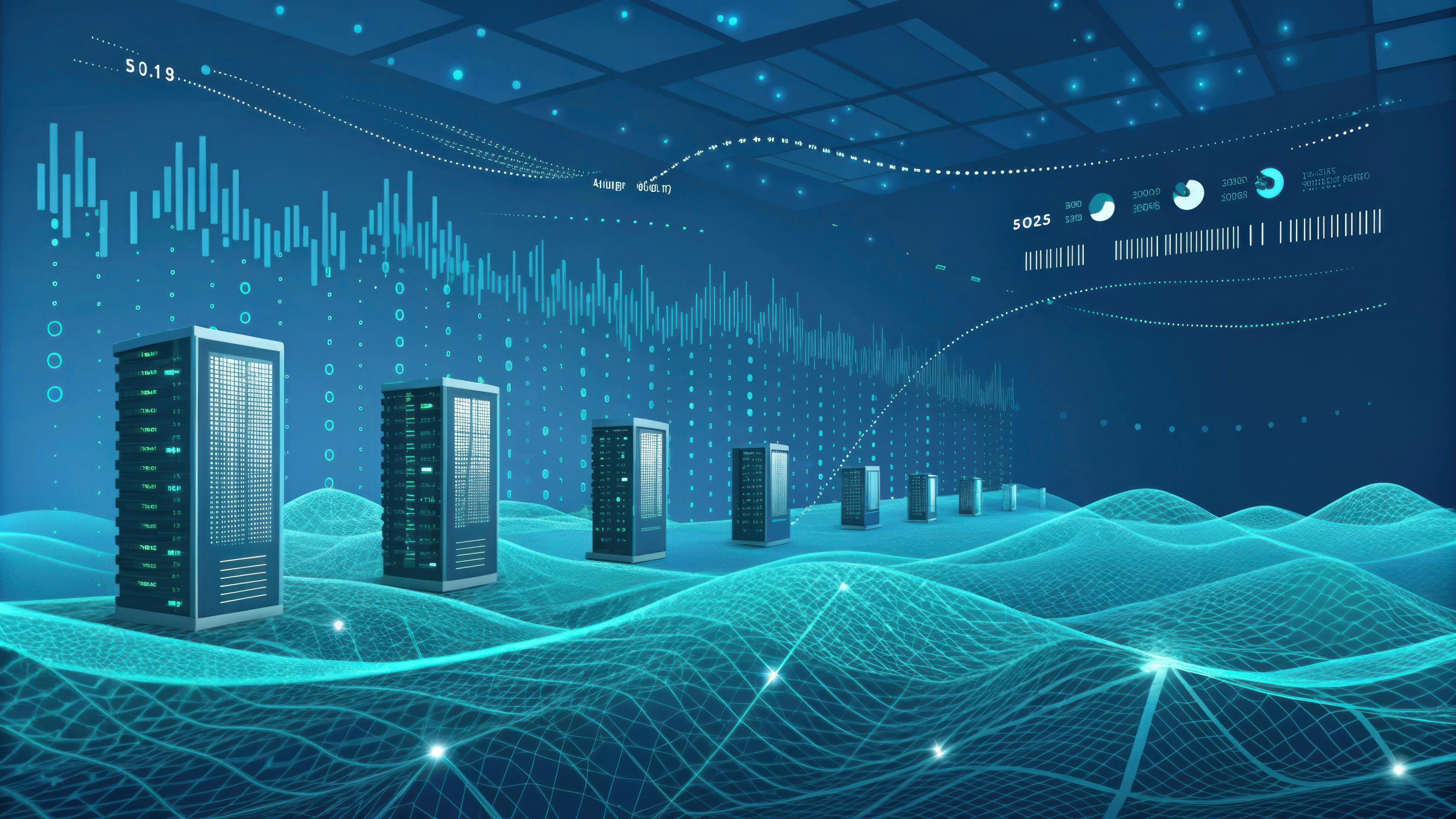 AI-generated graphic of data center server towers standing on a digital landscape representing data flowing in cyberspace.
