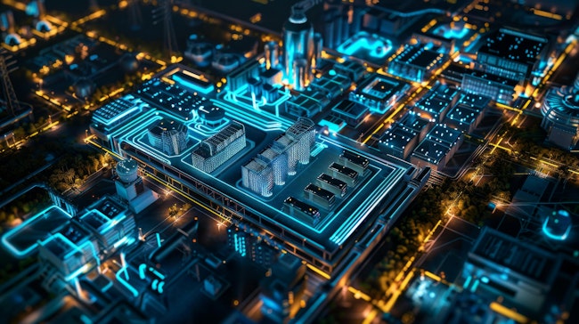 An AI-generated illustration rendering an aerial view of AI data center power and energy grid interconnection.