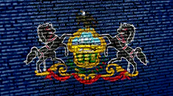 The flag of Pennsylvania here floats over over digital code, highlighting the concepts of AI and and digital infrastructure innovation within the state, which has become a burgeoning hot spot for hyperscale data center development.
