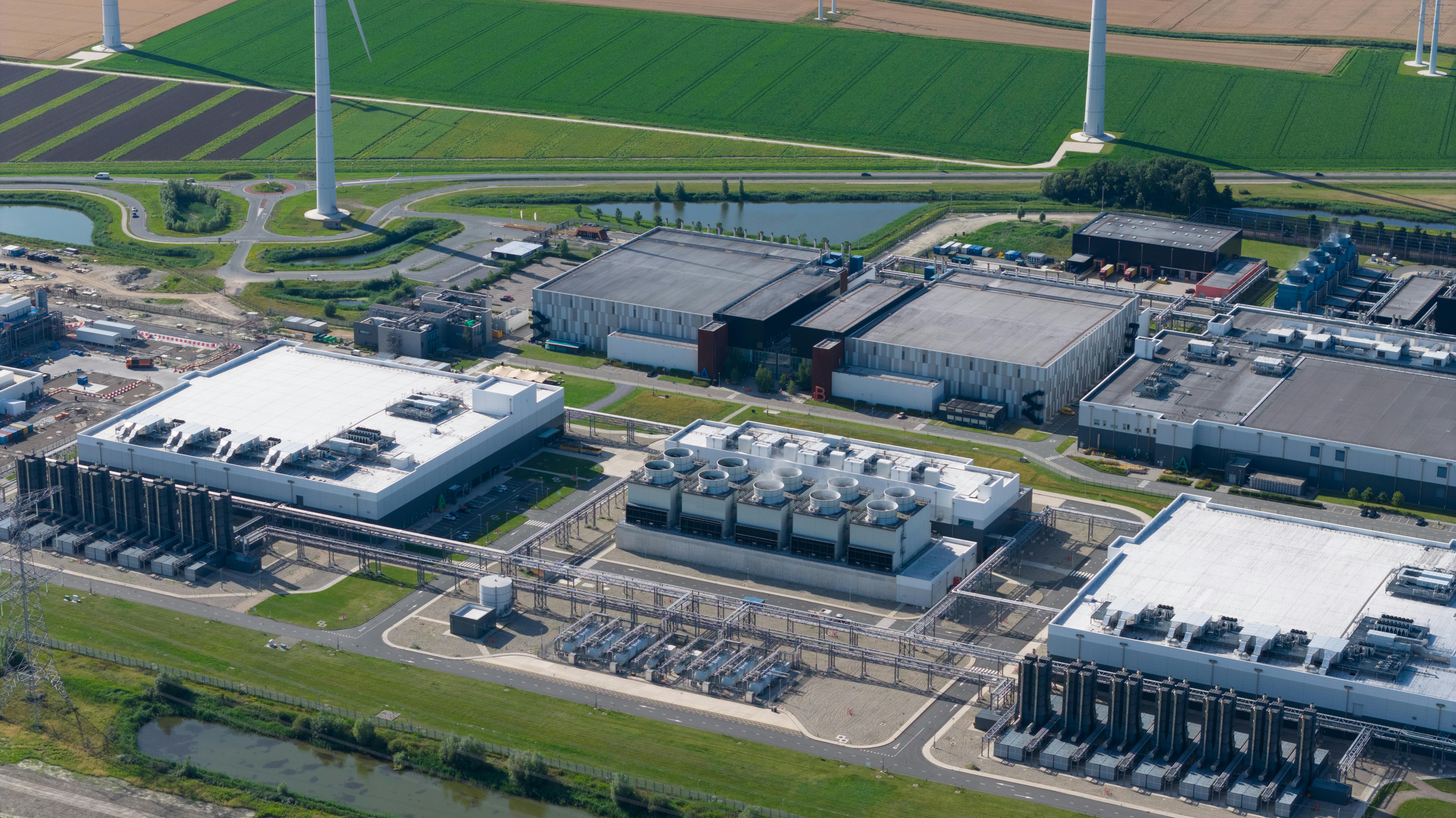 Aerial view of major hyperscale data center in Eemshaven, Groningen, The Netherlands.