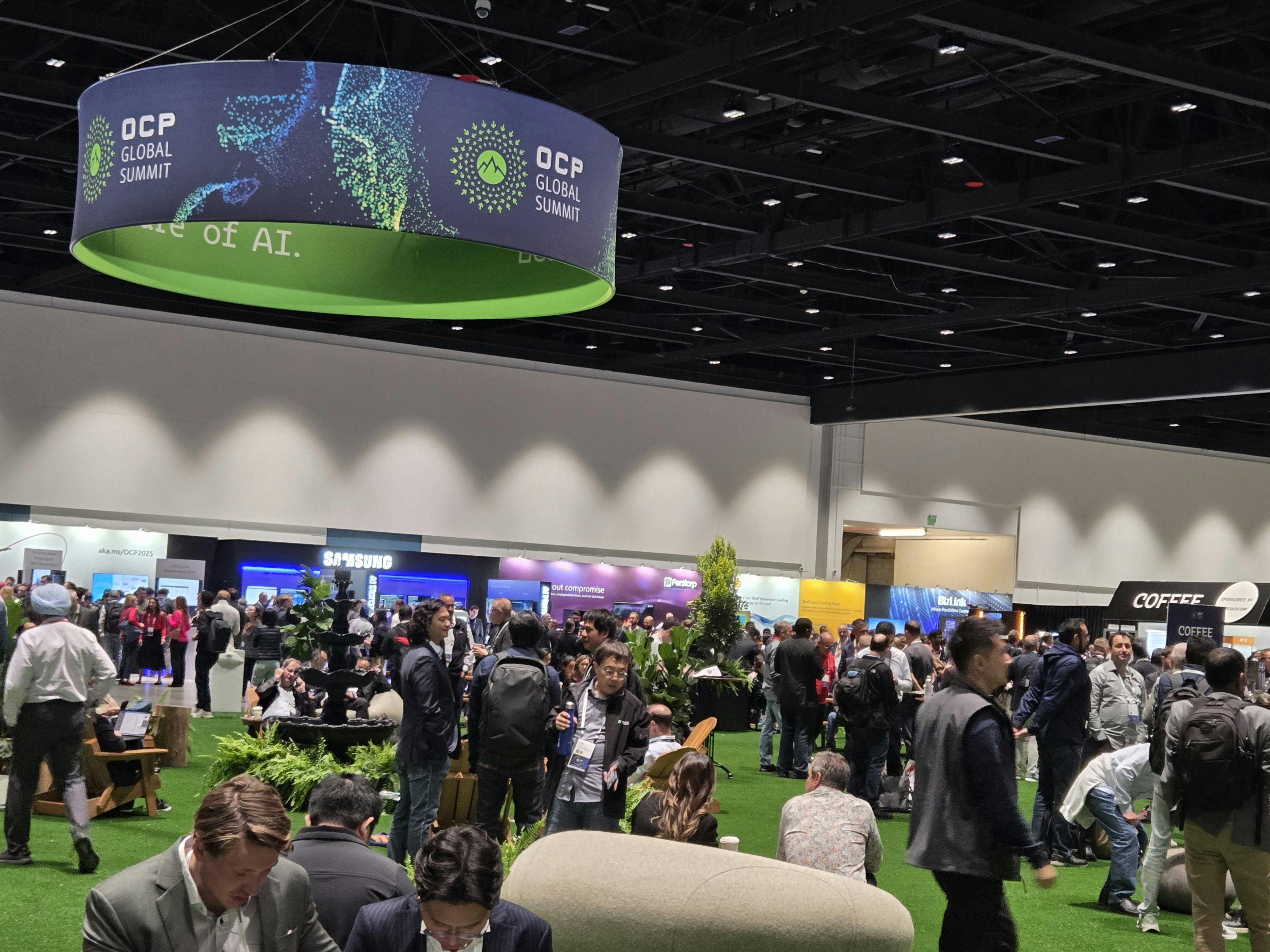 The bustling Expo floor of the OCP Global Summit 2025 (Oct. 13-16) in San Jose, CA.