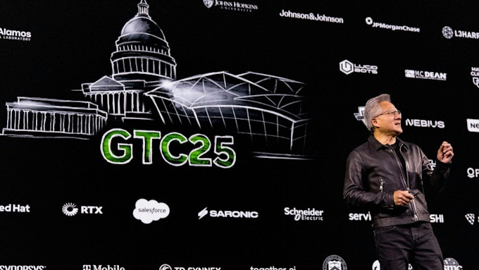NVIDIA CEO Jensen Huang presenting his keynote address at the October 2025 NVIDIA GTC AI conference in Washington, D.C.