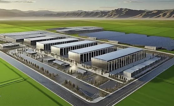 Rendering of the proposed Joule Capital Partners and Caterpillar 4-gigawatt AI campus in Millard County, Utah, combining hyperscale data halls with large-scale on-site power generation.