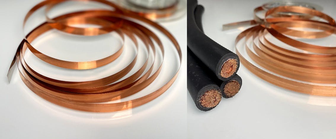 Pictured (L): Xeus&trade; HTS Wire Platform by MetOx. Pictured (R) 600 amps of traditional copper cable (left) compared with the equivalent capacity delivered by high-temperature superconducting (HTS) wire (right), illustrating the dramatic reduction in size and material.