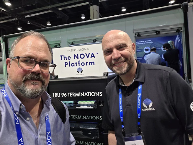 (L to R) Data Center Frontier Editor-in-Chief Matt Vincent and Clearfield Chief Commercial Officer Anis Khemakhem at Fiber Connect 2026 (May 17-20) in Orlando.