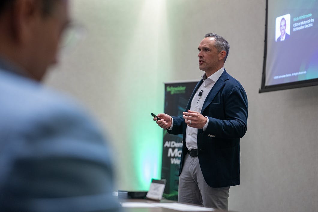 Motivair CEO Rich Whitmore addresses the audience at the May 2026 Schneider Electric global press event in Buffalo, NY.