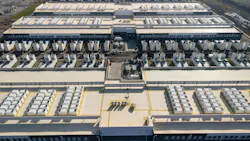 Aerial view of a large data center campus in Ohio with extensive rooftop cooling units.