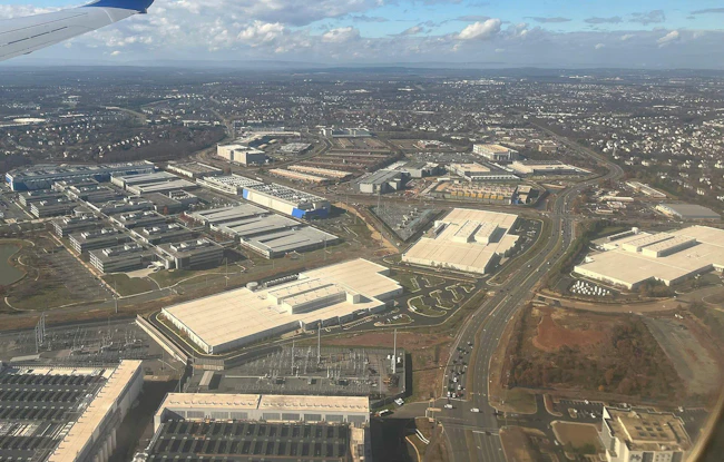 November 2025 aerial view of data centers intermingled with other commercial buildings in Loudoun County, near Ashburn.
